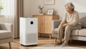 old woman using hepa filter to maintain clean air at home