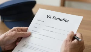Close-up of a Navy veteran’s hands holding VA disability benefit form