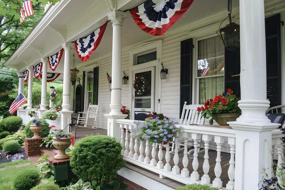 A white colonial-style house with a large front porch decorated with American flags and red flowers, representing an older home that may require an asbestos safety check.
