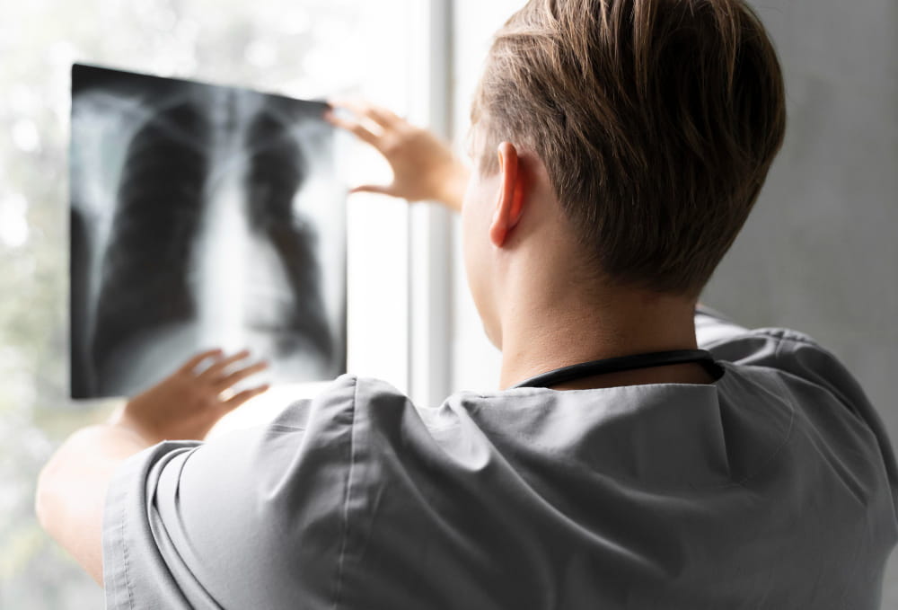 A healthcare professional in grey scrubs viewed from behind, holding up a chest X-ray against a bright window to examine the lungs and rib cage for signs of pleural thickening or scarring.