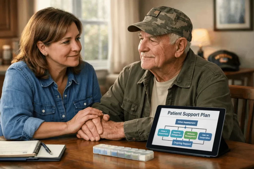 A mesothelioma caregiver and an elderly veteran discussing a patient support plan and financial aid options at a kitchen table.