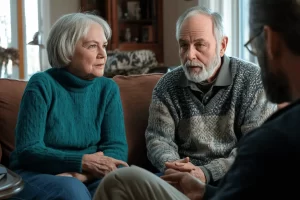 A concerned senior couple sits on a sofa, listening intently to a Patient Advocate during a home consultation about medical support and financial aid