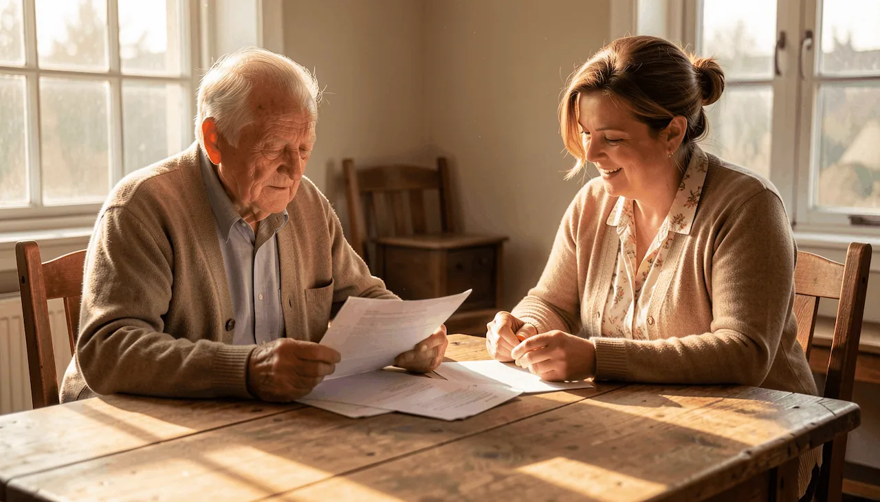 A senior couple and a patient advocate reviewing a roadmap for mesothelioma financial assistance at a kitchen table.