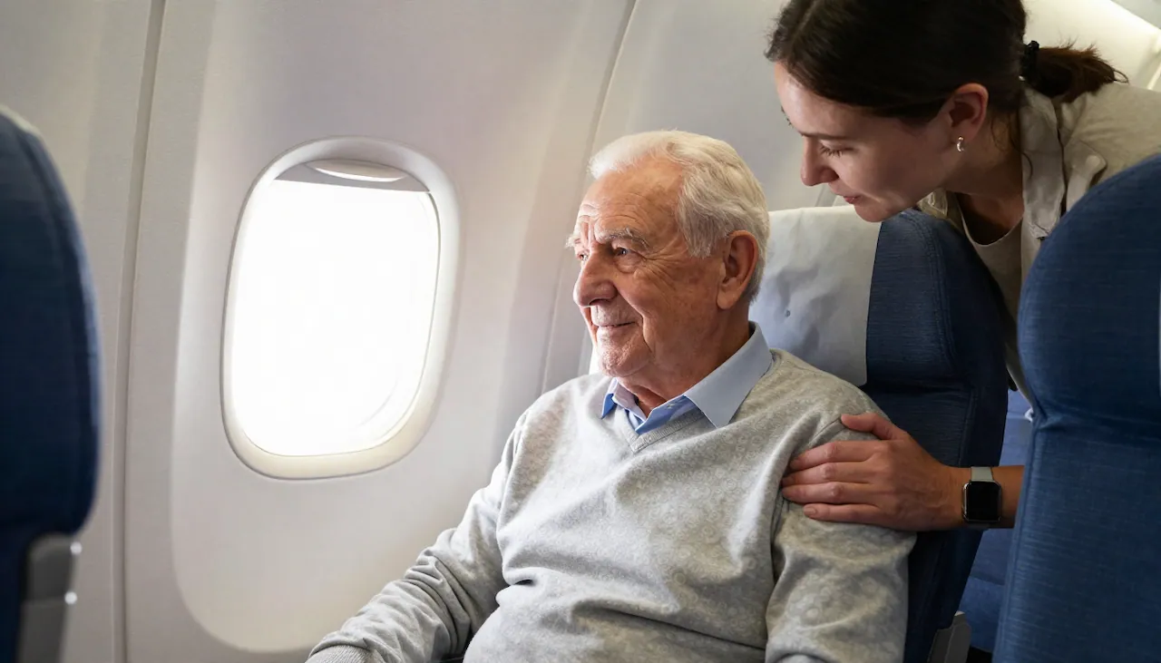 mesothelioma patient travelling on a plane with his caregiver