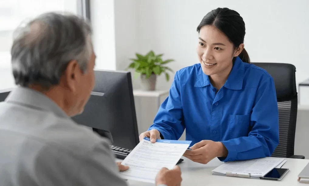 a staff from an office giving travel grants to a mesothelioma patient
