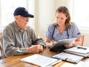 A healthcare professional in blue scrubs and a stethoscope sits at a wooden table, using a digital tablet to consult with an elderly man wearing a navy blue baseball cap. Several medical folders and documents are spread out on the table between them in a bright, sunlit room.