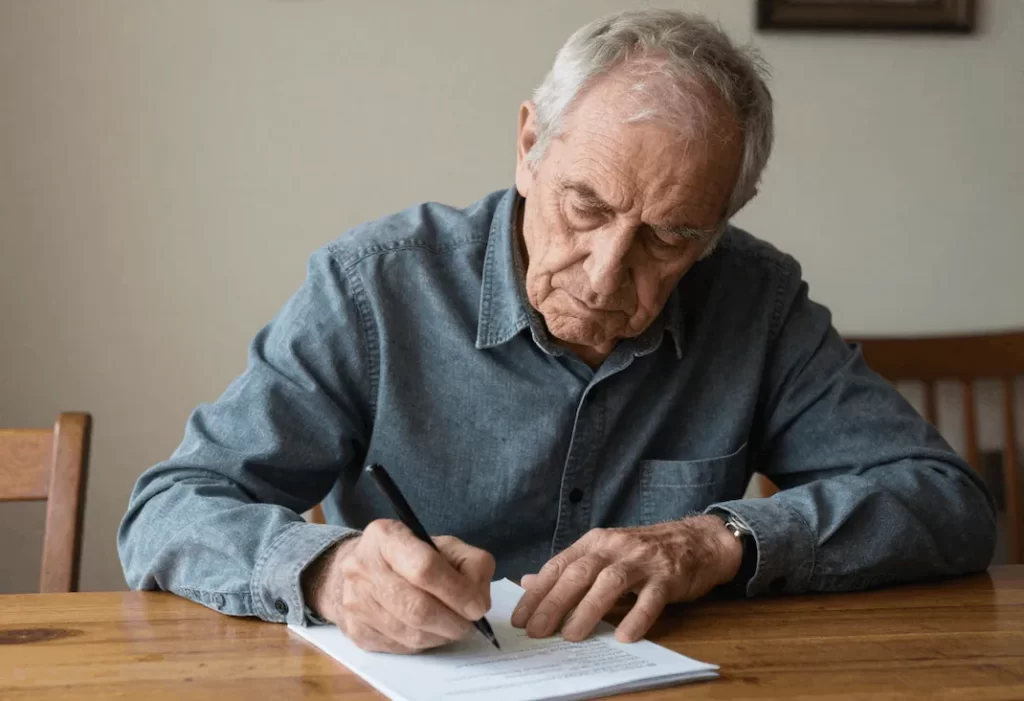 Retired veteran writing down a question he wants to ask a patient advocate prior to consultation