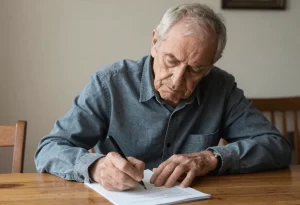 Retired veteran writing down a question he wants to ask a patient advocate prior to consultation