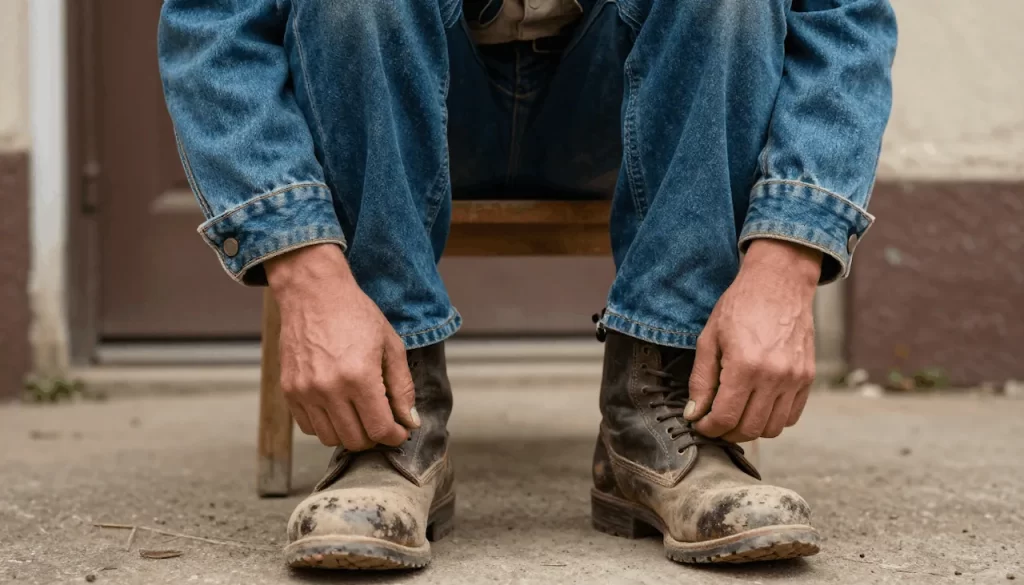 Close-up of a worker in blue jeans tying brown leather work boots on a porch, representing the risk of secondary asbestos exposure brought into the home.