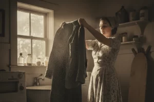 A vintage indoor laundry room scene where a woman is holding up a shipyard worker's heavy uniform, with dust and asbestos fibers visible in a beam of sunlight.