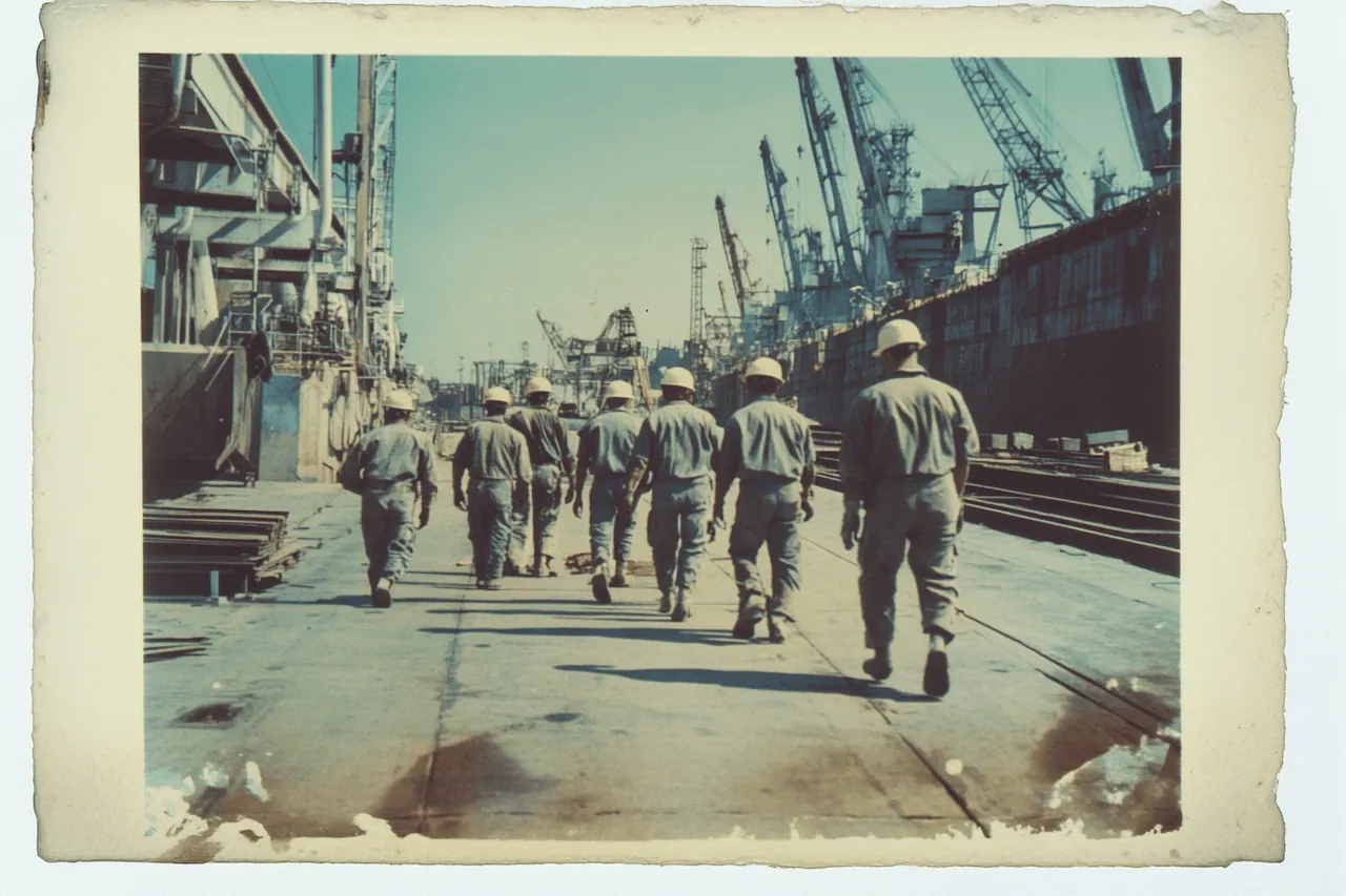 A group of shipyard workers in hard hats walking toward a large vessel in a vintage industrial shipyard setting