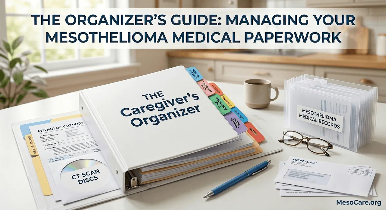 A close-up view of an organized medical binder on a kitchen counter, showing index tabs for pathology, bills, and insurance, with natural window light.