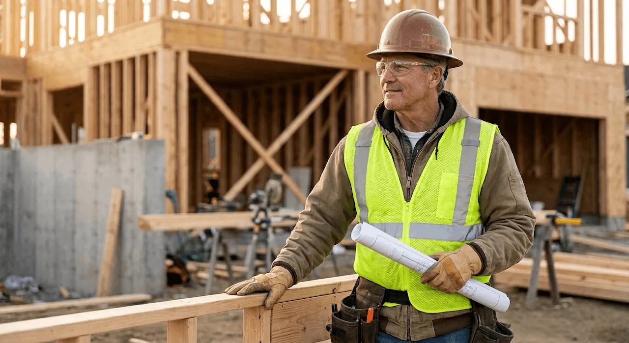 A veteran construction worker in a hard hat and safety vest reviewing blueprints on a residential job site, representing the "Stoic Veteran" audience and earned support.