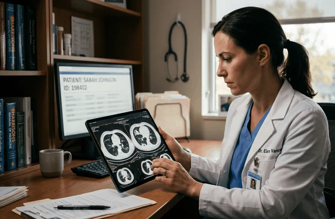 A female doctor in a white lab coat sitting alone in a medical clinic, focused on a close-up digital view of Lung CT scans displayed on a handheld tablet.