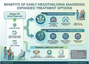 An infographic illustrating the medical and administrative benefits of an early stage (Stage I/II) mesothelioma diagnosis, including advanced surgery, targeted therapies, and financial support.