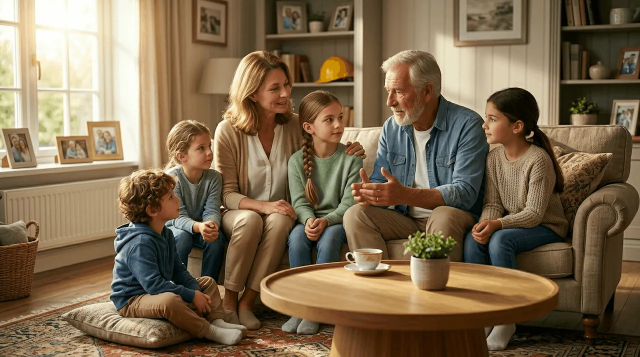 A grandfather with mesothelioma explains cancer to grandchildren during a calm family gathering in a living room, supported by his wife.