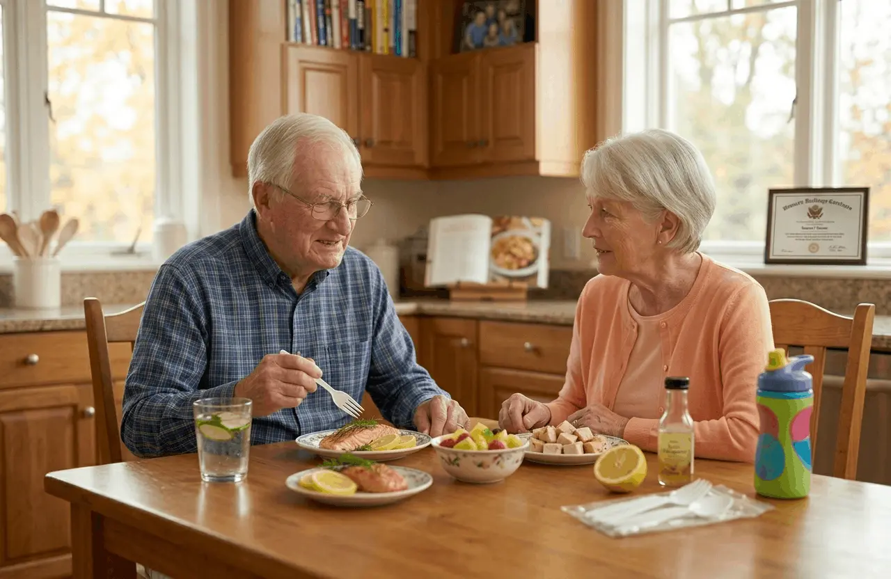 An elderly veteran using plastic utensils and eating small, marinated high-protein meals to combat metallic taste and appetite loss during mesothelioma treatment