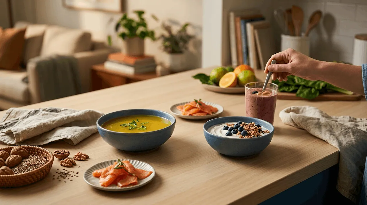 A warm kitchen counter featuring high-protein smoothies, bone broth, and nutrient-dense snacks for cancer patients.