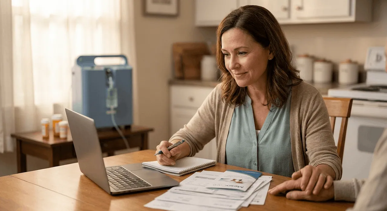A caregiver at a kitchen table organizing medical bills and paperwork near a portable oxygen concentrator.