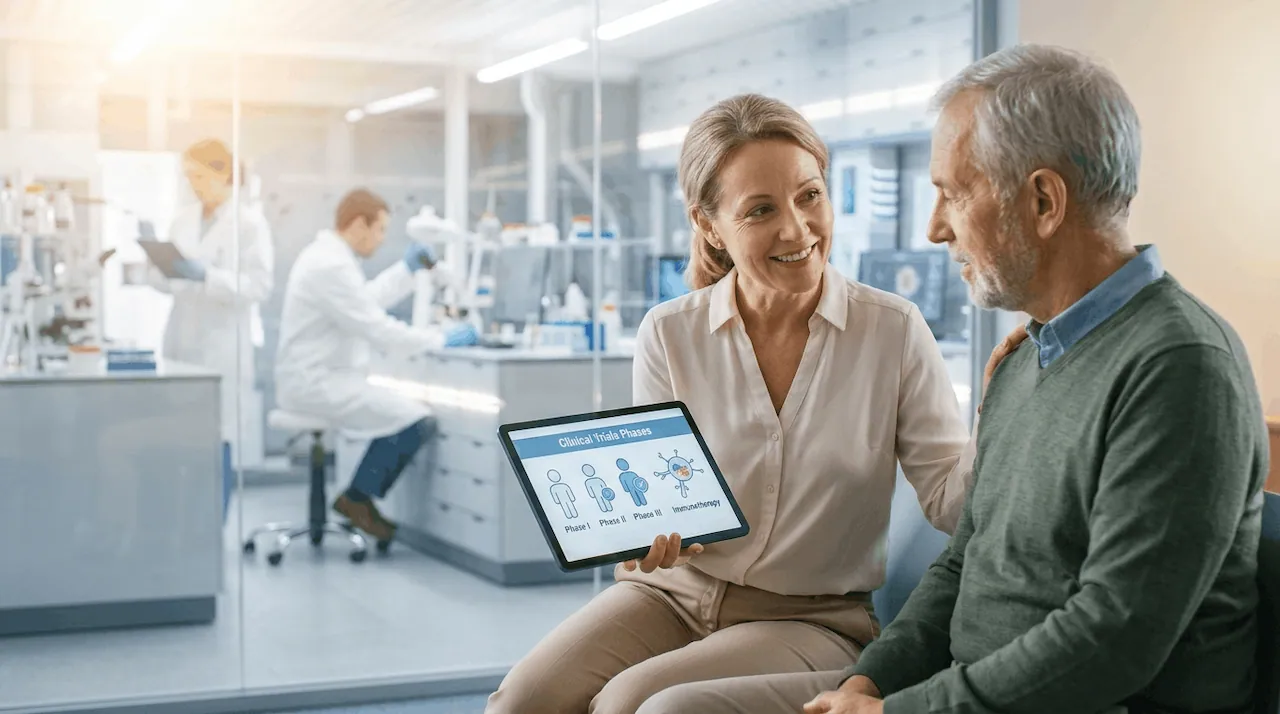 A caregiver holds a tablet showing an infographic on Phase II and III mesothelioma clinical trials and immunotherapy in 2026.