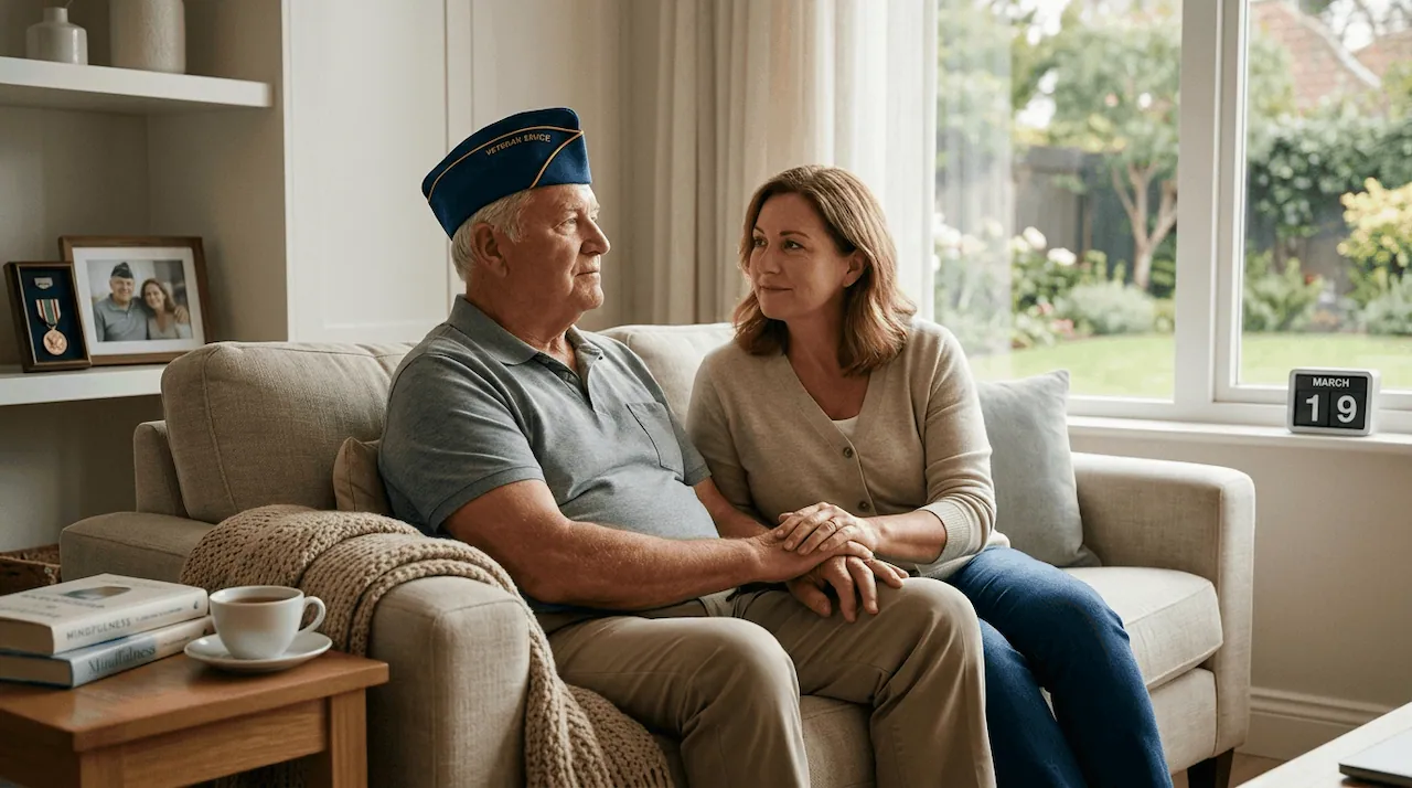 A supportive caregiver holding a senior mesothelioma patient's hand in a bright, calm living room setting.