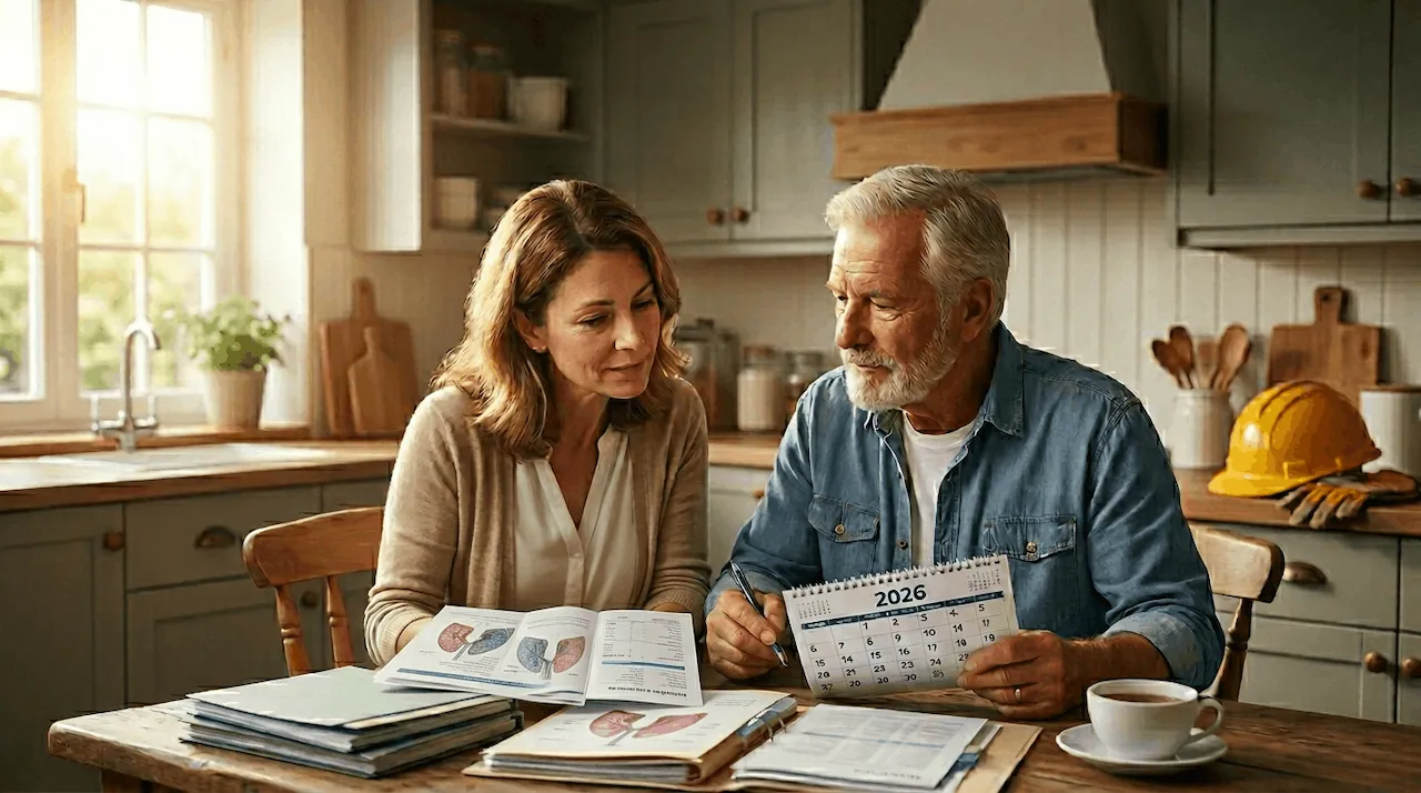 A supportive daughter and her senior father reviewing a 2026 calendar and medical paperwork at a sunlit kitchen table to plan for mesothelioma support.