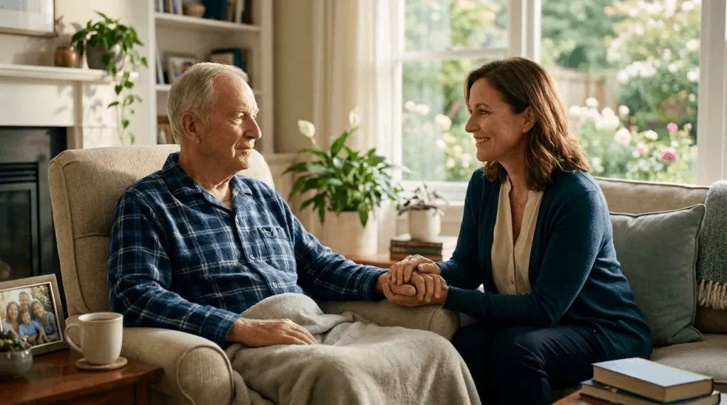 A daughter holding her father's hand during a home palliative care visit for mesothelioma.