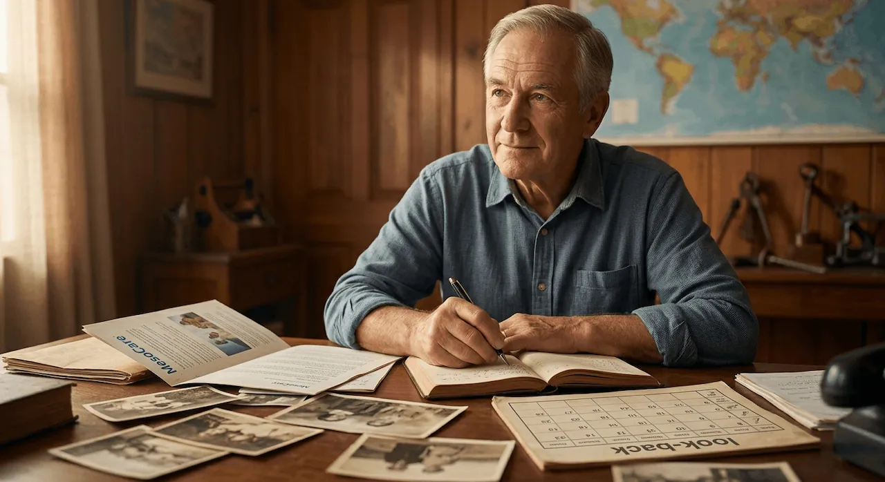 An older man at a desk with vintage photos and a "look-back" checklist tracing his professional history.