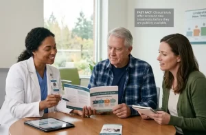 A smiling female healthcare advocate in a white coat sitting at a wooden table with an older male patient and a female caregiver, reviewing a printed guide about clinical research phases in a bright office.