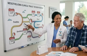 A smiling Black female patient navigator points to a '2026 Roadmap' whiteboard with enrollment deadlines, explaining the timeline to a concerned older male veteran and his supportive female caregiver in a bright clinic office.