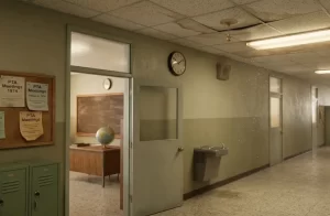 Asbestos was once used in almost every product. For teachers and librarians, exposure was often a 'slow drip' from aging school infrastructure. This vintage hallway image acts as a cautionary 'memory jogger' for overlooked asbestos risks. [Caption: Microscopic asbestos fibers can linger in older buildings.]