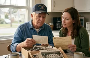 A warm, natural light photograph in a cozy kitchen. Arthur (70s, gray hair, denim shirt, Navy veteran cap, contemplative) and his daughter Sarah (40s, sympathetic face, green cardigan, supportive) sit at a wooden table, looking through an open cardboard box of vintage work photos and creased documents. They review papers together, sharing coffee.