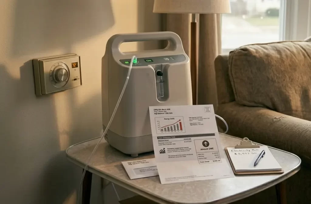 A close-up of a home oxygen concentrator running on a side table in a warm living room. A 2026 utility bill showing rising energy costs sits in the foreground next to a clipboard with budget notes.