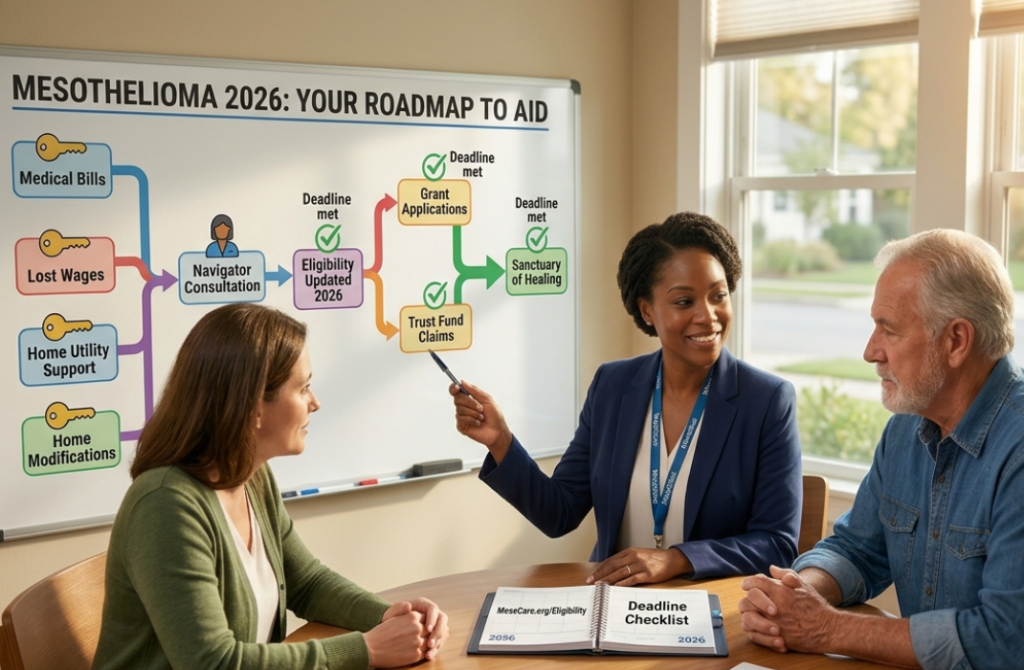 A horizontal 1070x700 image showing a Black female Patient Navigator in a blue blazer pointing to a 'Roadmap to Aid' whiteboard. She is explaining eligibility for medical bills, lost wages, and home support to an older man and his daughter at a sunny table with a 2026 Deadline Checklist.
