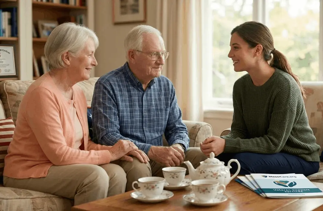 An elderly veteran and his wife sitting in their living room, looking relieved while talking to a MesoCare patient advocate about 2026 mesothelioma financial aid and grants