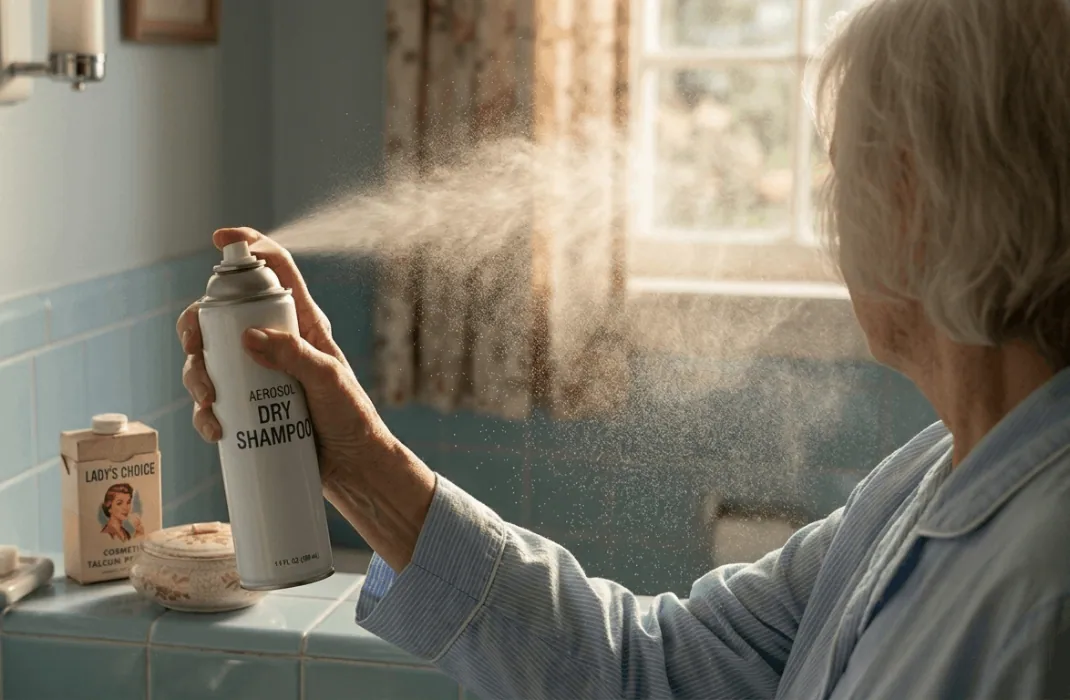 high-detail 1070x700 close-up photo in a vintage tiled bathroom. An aerosol dry shampoo can is actively spraying near an older woman's soft white hair (seen from behind). A visible, fine, and concentrated cloud of airborne white particle mist is actively spraying, illustrating the difficult to avoid 'invisible cloud' concept. The LADY'S CHOICE talcum powder box and puff from image_30.png and image_32.png are visible on the vanity. The light-blue bathroom tiles from image_32.png provide continuity. Natural light captures the particles. Empathy and memory are emphasized.