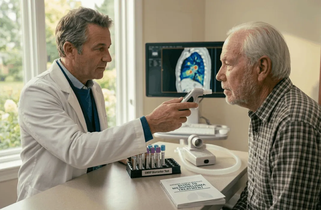 A documentary-style close-up of a compassionate unbranded pulmonologist explaining an early detection roadmap to Arthur, an older veteran