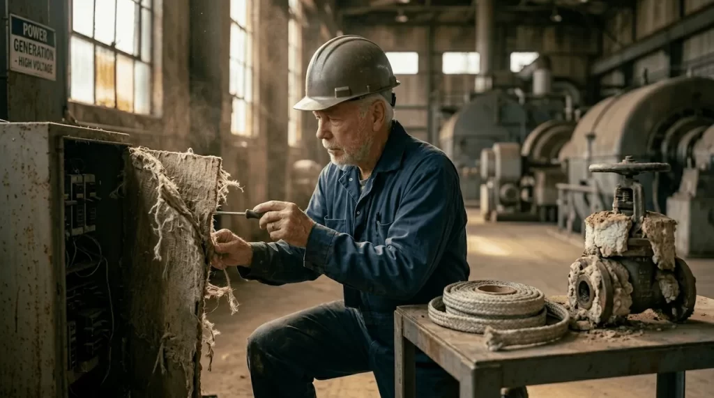 An older veteran electrician, in dark coveralls and a hard hat, kneels to examine a frayed, dusty asbestos millboard panel lining inside a power plant turbine hall. Grime-stained high windows are on the left. An used roll of braided asbestos wire insulation and a weathered valve assembly with degraded block insulation sit on a nearby metal workbench. Massive, unbranded turbines recede into a soft-focus background.
