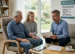 A patient advocate explains asbestos trust fund compensation and financial aid options to an elderly mesothelioma patient and his caregiver in a comfortable living room setting.