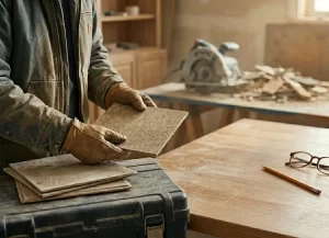 construction worker in a worn denim jacket and work gloves holding asbestos-containing floor tiles in a workshop with a saw in the background.