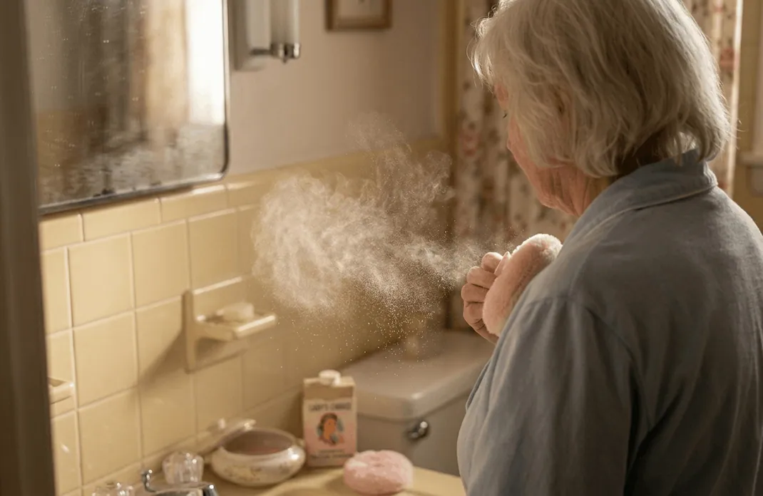 close-up photograph from behind an older woman in a vintage bathroom. As she gently pats a powder puff on her shoulder, a fine, ethereal cloud of airborne white powder particles becomes visible, illustrating the 'invisible cloud' concept. The LADY'S CHOICE talcum powder box from image_30.png is visible on the vanity. Diffused light captures the particles. Empathy and memory are emphasized.