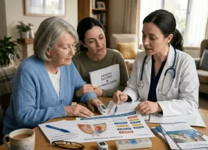 Female oncologist explaining clinical staging and pathology to a caregiver and an elderly patient with environmental asbestos exposure.