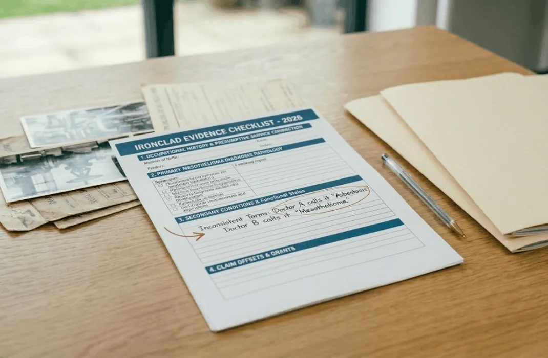 A detailed close-up of a stationary 'IRONCLAD EVIDENCE CHECKLIST - 2026' form on a wooden table in a sunlit medical office. The form features bold handwritten sections for occupational history and pathology, with a red circle and arrow pinpointing the term "Mesothelioma" to highlight medical coding consistency. Two blank, unbranded manila folders and weathered industrial photos sit alongside the checklist under natural daylight.