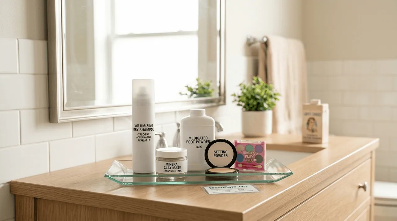 photo of a modern, sunlit bathroom vanity. On a light-wood counter, five common consumer items (dry shampoo, clay mask, medicated foot powder, pressed powder, and children’s play makeup) are arranged neatly on a glass tray. The scene illustrates how proactively identifying these surprisingly contaminated items can reduce household asbestos exposure in 2026.