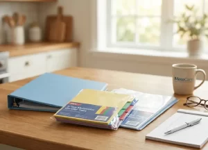 A blue binder, 5-tab multicolor dividers, and plastic page protectors on a wooden table, ready for organizing mesothelioma records.