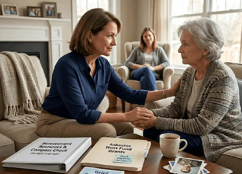 A compassionate patient advocate sitting in a living room, holding the hand of an elderly woman in mourning. On the table are folders for Asbestos Trust Fund Grants and bereavement resources, emphasizing family support over litigation.