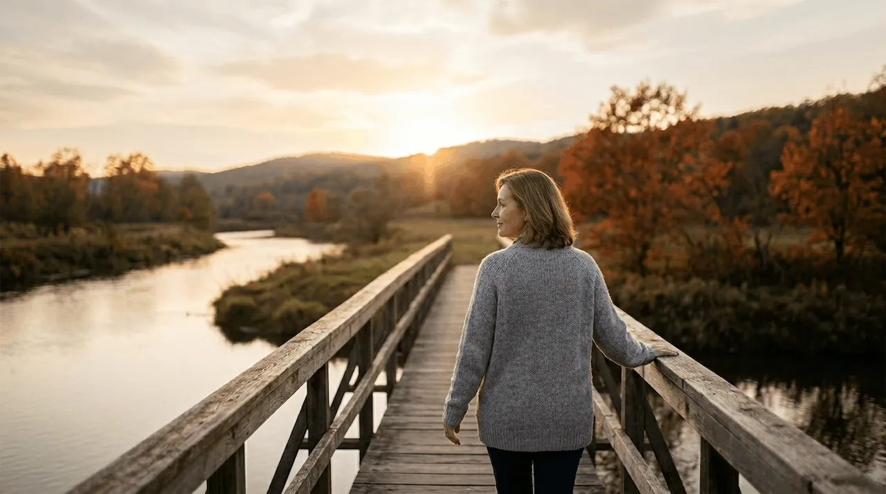 Woman standing on a wooden bridge at sunset symbolizing bereavement support.