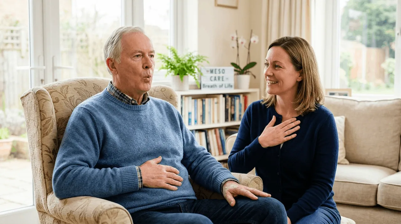 A senior man and caregiver practice diaphragmatic breathing