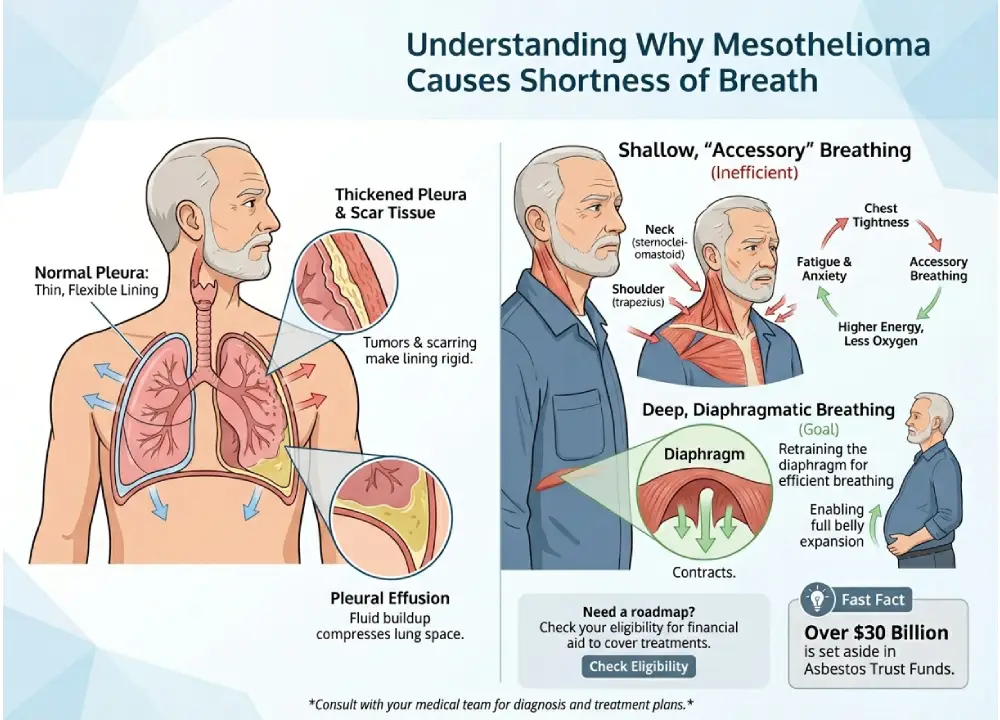 n educational diagram showing how mesothelioma affects the lungs and pleura, comparing shallow accessory breathing to deep diaphragmatic belly breathing.