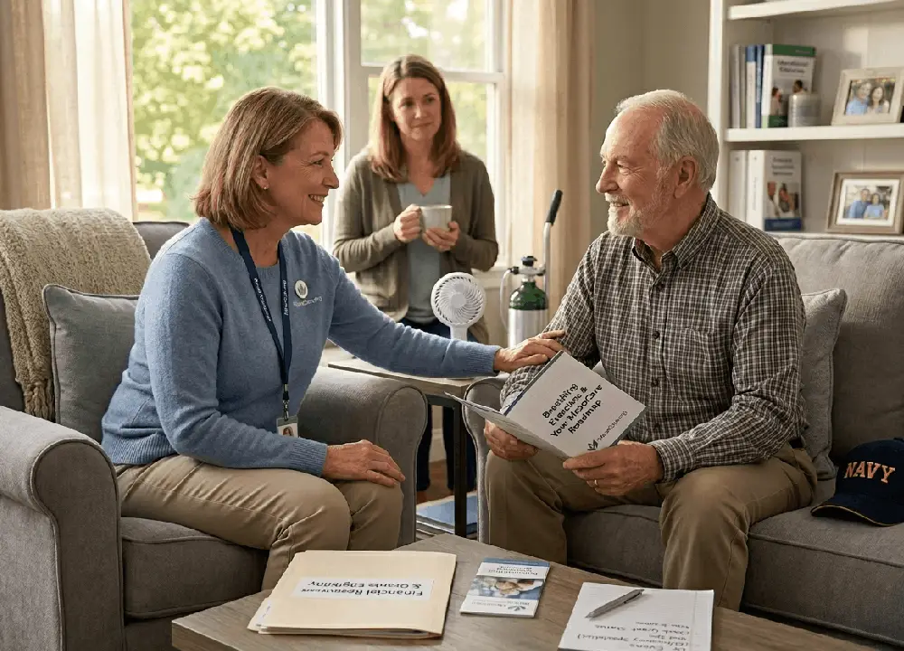 A MesoCare patient advocate sitting with a Navy veteran and his daughter in a comfortable living room, discussing medical resources and financial aid folders.